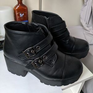 Black platform buckle ankle booties
